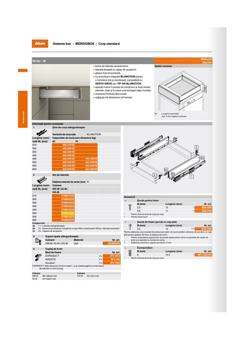 MERIVOBOX- Laterală de sertar Dreapta, NL: 500mm , Înălțime: 91mm, Blum, Gri - imagine 4